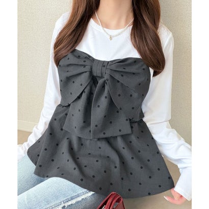 【mily bilet】心ときめく、ビッグリボン♪フロントリボン ドッキング長袖Tシャツ （チャコールドット）｜詳細画像