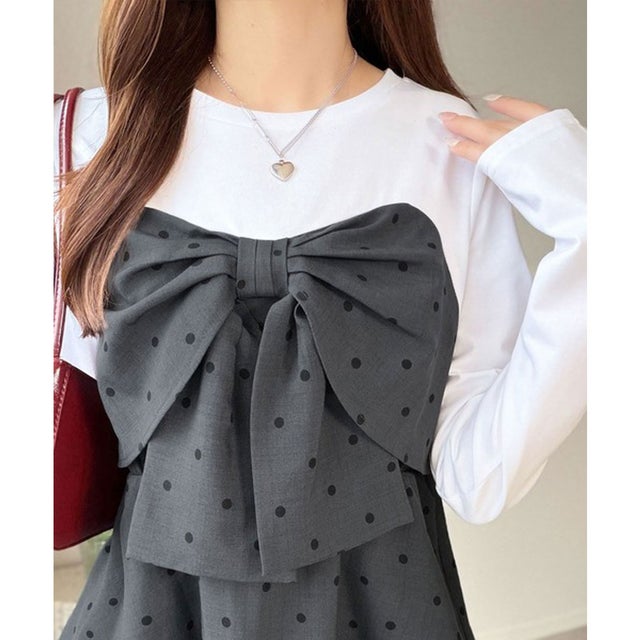 【mily bilet】心ときめく、ビッグリボン♪フロントリボン ドッキング長袖Tシャツ （チャコールドット）