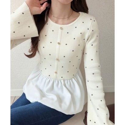 【mily bilet】ふわっと、きゅるっと♪リブニットバルーンデザイントップス(ドットあり) （アイボリードット）｜詳細画像
