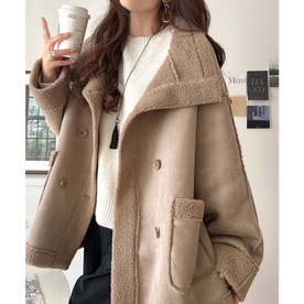 ふんわりボアで叶える、大人の暖かアウター。フェイクスエードムートンPコート（ミドル丈） （モカ）