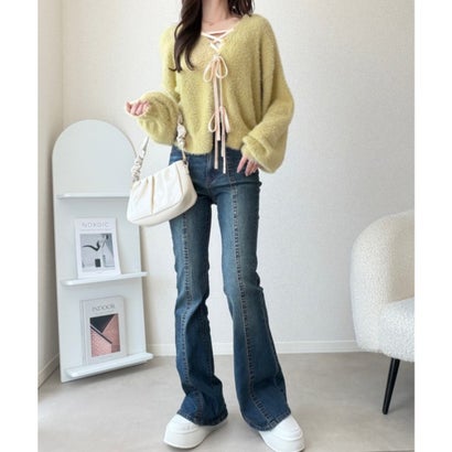 【mily bilet】前も後ろもリボンで映える。前後2wayレースアップフェザーニットカーディガン （イエロー）｜詳細画像