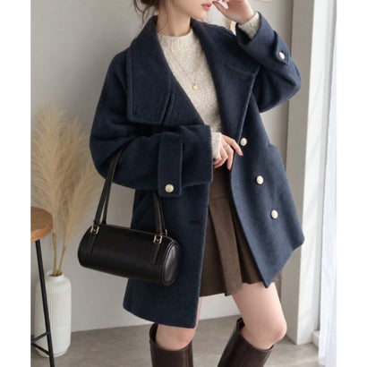 冬の「可愛い」はこれ！ニードルボア素材 襟2Wayゴールドボタン使いベルト付きAラインミドルコート （ネイビー）｜詳細画像