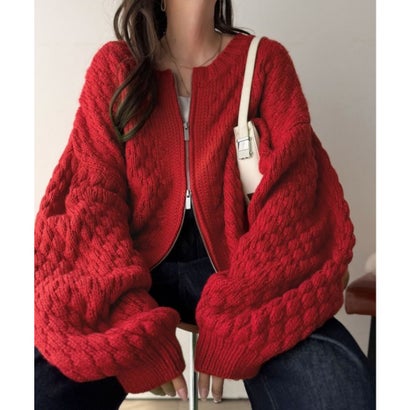 ぽこぽこが癖になる！前後2wayダブルジップミックスカラーポップコーン編ニットカーディガン (長袖) （レッド）｜詳細画像