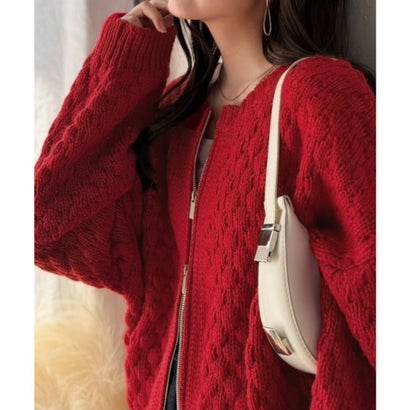 ぽこぽこが癖になる！前後2wayダブルジップミックスカラーポップコーン編ニットカーディガン (長袖) （レッド）｜詳細画像