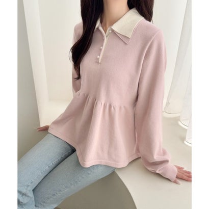 【mily bilet】衿ときめき、裾華やぐ。パール調ボタン配色ダブルカラーペプラムニット（長袖） （ピンク）｜詳細画像