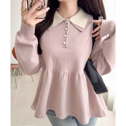 【mily bilet】衿ときめき、裾華やぐ。パール調ボタン配色ダブルカラーペプラムニット（長袖） （アイボリー）｜詳細画像