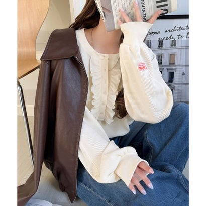 《JaVaジャバコラボ》ラフでもほんのり甘い。ワッフルフリルヘンリーネックトップス（オーバーサイズ） （アイボリー）｜詳細画像