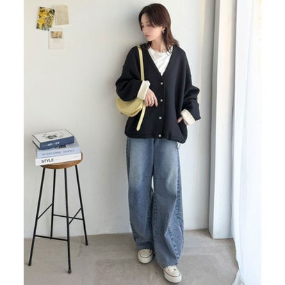 ふっくら&艶感で大人の抜け感をつくる♪ダンボール素材配色使いVネックカーディガン（長袖） （ネイビー）｜詳細画像
