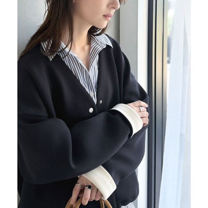 ふっくら&艶感で大人の抜け感をつくる♪ダンボール素材配色使いVネックカーディガン（長袖） （ネイビー）｜詳細画像