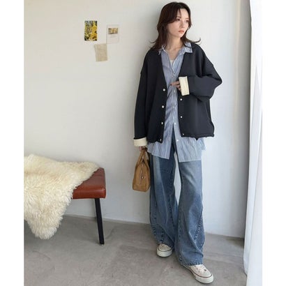 ふっくら&艶感で大人の抜け感をつくる♪ダンボール素材配色使いVネックカーディガン（長袖） （ネイビー）｜詳細画像