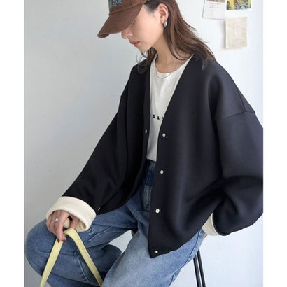 ふっくら&艶感で大人の抜け感をつくる♪ダンボール素材配色使いVネックカーディガン（長袖） （ネイビー）｜詳細画像