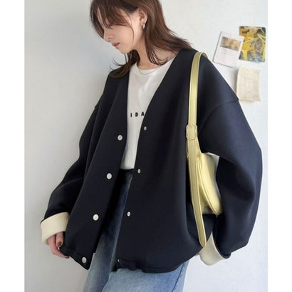 ふっくら&艶感で大人の抜け感をつくる♪ダンボール素材配色使いVネックカーディガン（長袖） （ネイビー）｜詳細画像