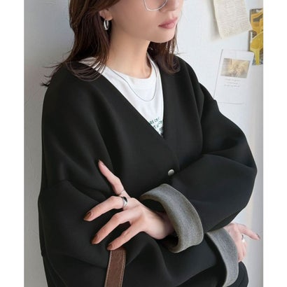 ふっくら&艶感で大人の抜け感をつくる♪ダンボール素材配色使いVネックカーディガン（長袖） （ブラック）｜詳細画像
