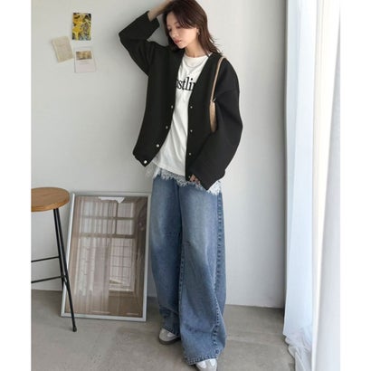 ふっくら&艶感で大人の抜け感をつくる♪ダンボール素材配色使いVネックカーディガン（長袖） （ブラック）｜詳細画像