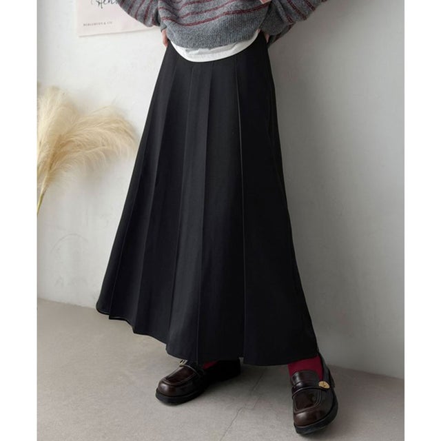 縦ラインですらっと魅せ。動くたび綺麗。ツイル太プリーツロングスカート（裏地付き） （ブラック）
