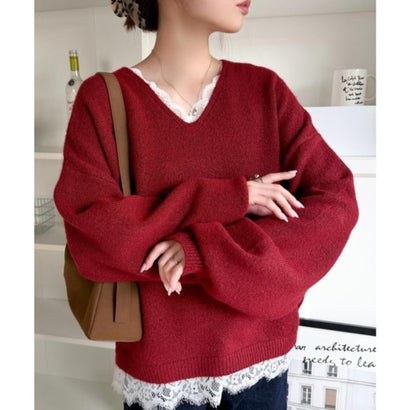 【mily bilet】着るだけで垢抜ける大人フェミニン。レースドッキングふわもちニット （レッド）｜詳細画像