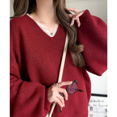 【mily bilet】着るだけで垢抜ける大人フェミニン。レースドッキングふわもちニット （レッド）｜詳細画像