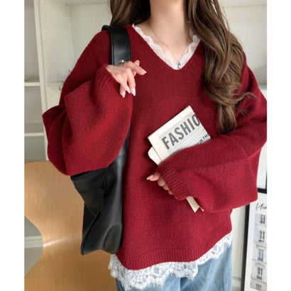 【mily bilet】着るだけで垢抜ける大人フェミニン。レースドッキングふわもちニット （レッド）｜詳細画像