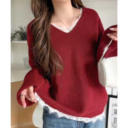【mily bilet】着るだけで垢抜ける大人フェミニン。レースドッキングふわもちニット （レッド）｜詳細画像