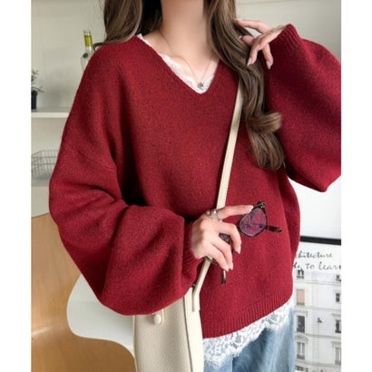 【mily bilet】着るだけで垢抜ける大人フェミニン。レースドッキングふわもちニット （レッド）｜詳細画像