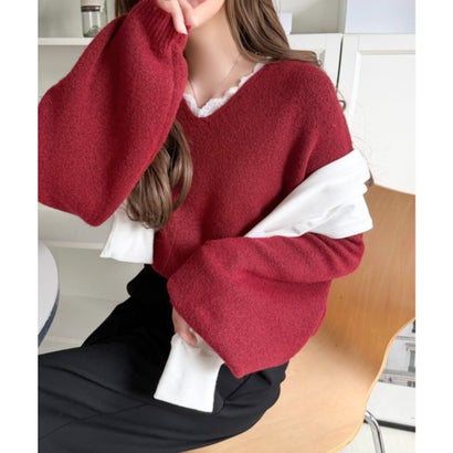 【mily bilet】着るだけで垢抜ける大人フェミニン。レースドッキングふわもちニット （レッド）｜詳細画像