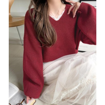 【mily bilet】着るだけで垢抜ける大人フェミニン。レースドッキングふわもちニット （レッド）｜詳細画像