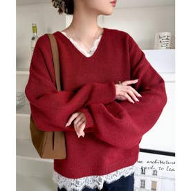 【mily bilet】着るだけで垢抜ける大人フェミニン。レースドッキングふわもちニット （レッド）