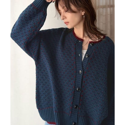 一枚で“レトロ可愛い”が完成。ドットライクジャガード×配色ラインニットカーディガン（オーバーサイズ） （ネイビー）｜詳細画像