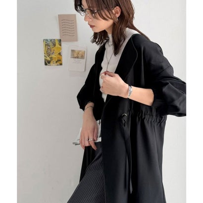 ゆるっと羽織って、すっきり魅せ。ノーカラードロスト使いボリュームスリーブロングコート（ロング丈） （ブラック）｜詳細画像