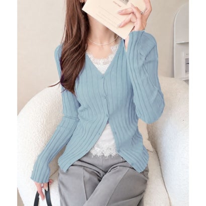 【mily bilet】繊細レースを重ねた上品な甘さ。レースレイヤード風リブニットトップス (長袖) （ブルー）｜詳細画像
