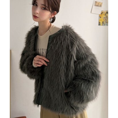 冬の“可愛い”は、質感で決まる。ふわっとミックスシャギーファーブルゾン（ミドル丈） （チャコール）｜詳細画像