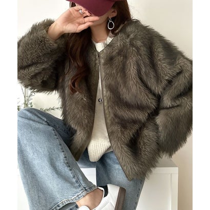 冬の“可愛い”は、質感で決まる。ふわっとミックスシャギーファーブルゾン（ミドル丈） （グレージュ）｜詳細画像