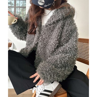 もこもこ&暖か、大人可愛い冬アウター。フード付きプードルファーオーバーサイズコート（ミドル丈） （チャコール）｜詳細画像