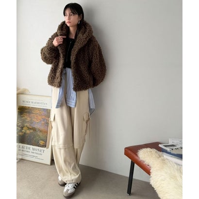 もこもこ&暖か、大人可愛い冬アウター。フード付きプードルファーオーバーサイズコート（ミドル丈） （ブラウン）｜詳細画像