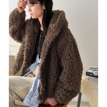 もこもこ&暖か、大人可愛い冬アウター。フード付きプードルファーオーバーサイズコート（ミドル丈） （ブラウン）｜詳細画像