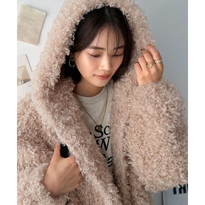 もこもこ&暖か、大人可愛い冬アウター。フード付きプードルファーオーバーサイズコート（ミドル丈） （スモーキーピンク）｜詳細画像