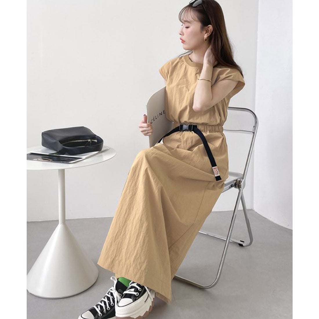 BEIGE, 襟付きフレンチスリーブワンピース ベージュ×ブラック　ベルト付 クラシカルエルフ Classical Elf 《JaVaジャバ コラボ》お洒落ラフに