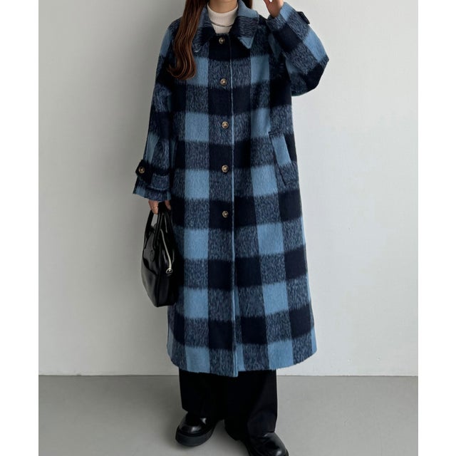 シャギーチェックロングコート （ネイビー）