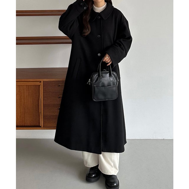 コクーンスリーブステンカラーロングコート （ブラック）