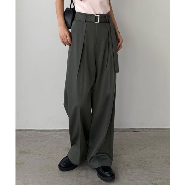 ベルト付きダブルタックワイドパンツ （チャコール）