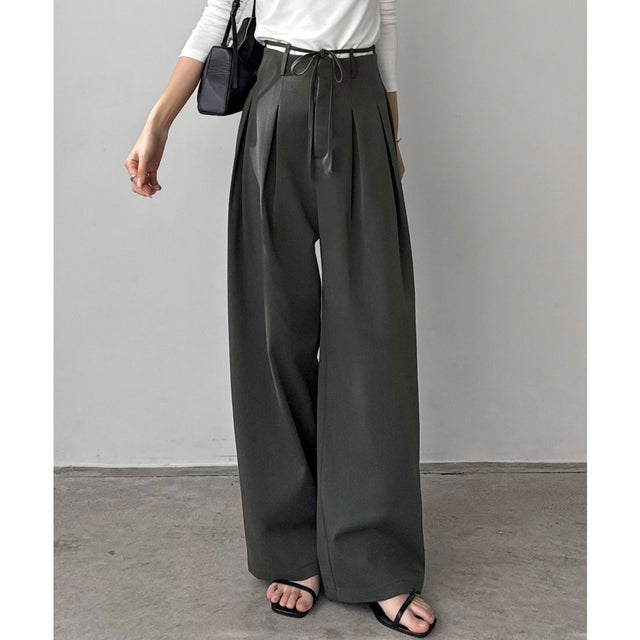 リボンデザインワイドパンツ （チャコール）