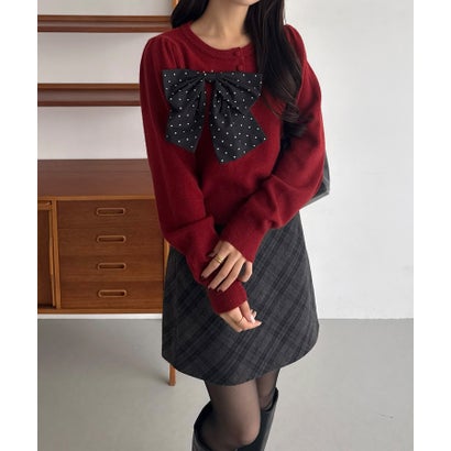 callautia 【取り外し可能】リボンヘンリーネックニット （レッド）｜詳細画像