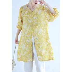 フロントスリットのボタニカル柄シフォンチュニック （イエロー）