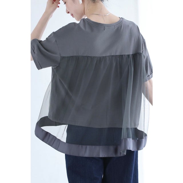 後ろ下がりベールのTシャツトップス （ダークグレー）