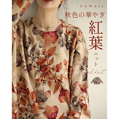 秋色の華やぎ紅葉ニットトップス （ベージュ）｜詳細画像