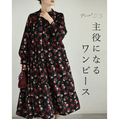 （黒）薔薇咲くワンピース（紐ベルト付き） （ブラック）｜詳細画像