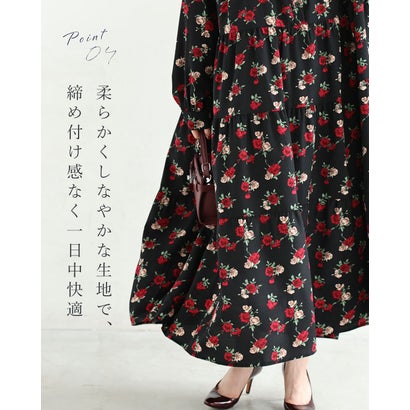 （黒）薔薇咲くワンピース（紐ベルト付き） （ブラック）｜詳細画像