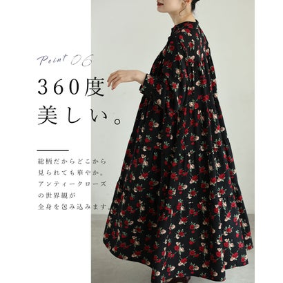 （黒）薔薇咲くワンピース（紐ベルト付き） （ブラック）｜詳細画像