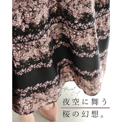 （黒）夜桜ロングワンピース（紐ベルト付き） （ブラック）｜詳細画像