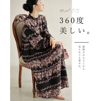 （黒）夜桜ロングワンピース（紐ベルト付き） （ブラック）｜詳細画像